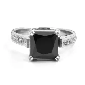 2.45 Ct Princess Shape Black Diamond Ring With Diamond Accents, Great Shine & Luster