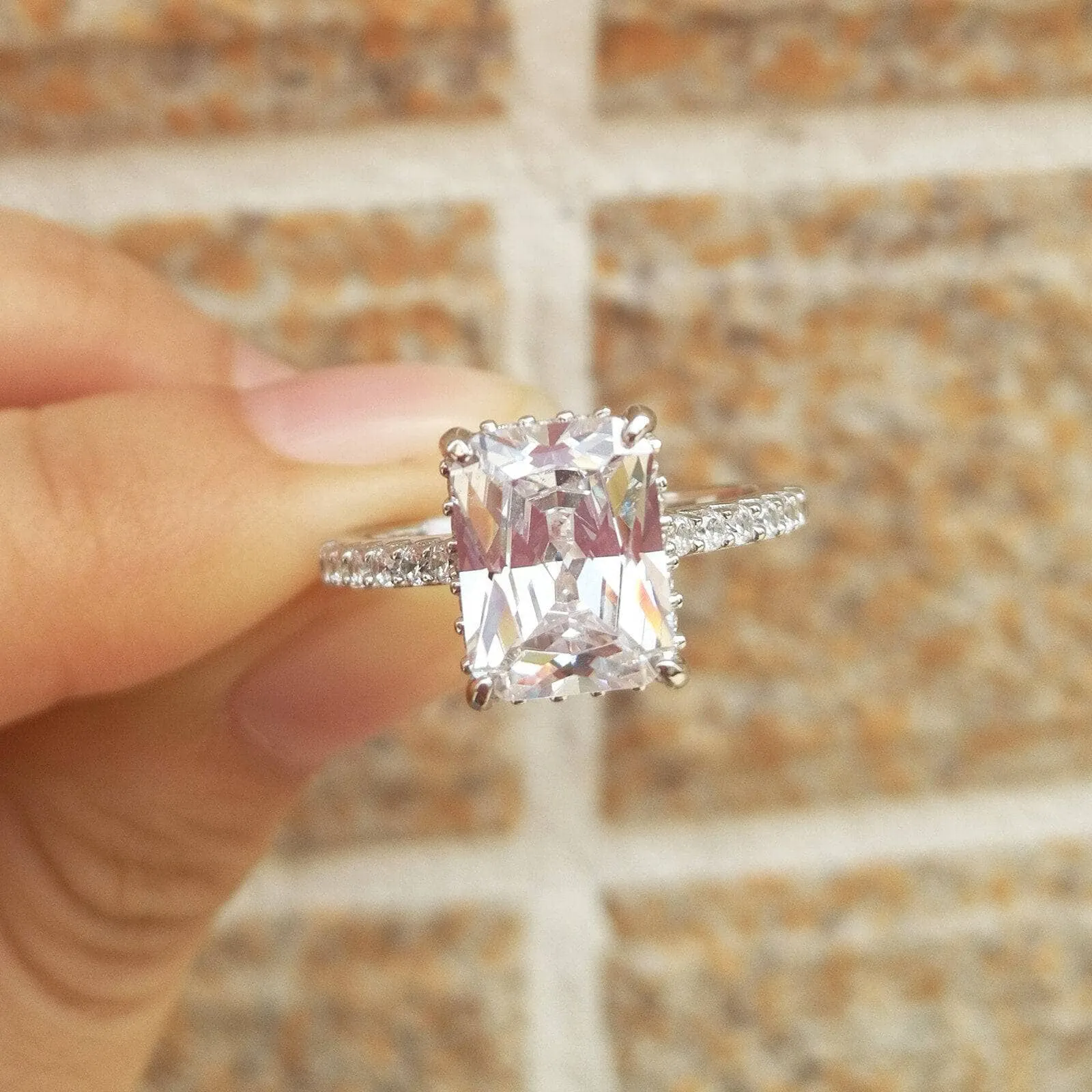 2Pcs Rectangle Princess Cut Created Diamond Engagement Ring
