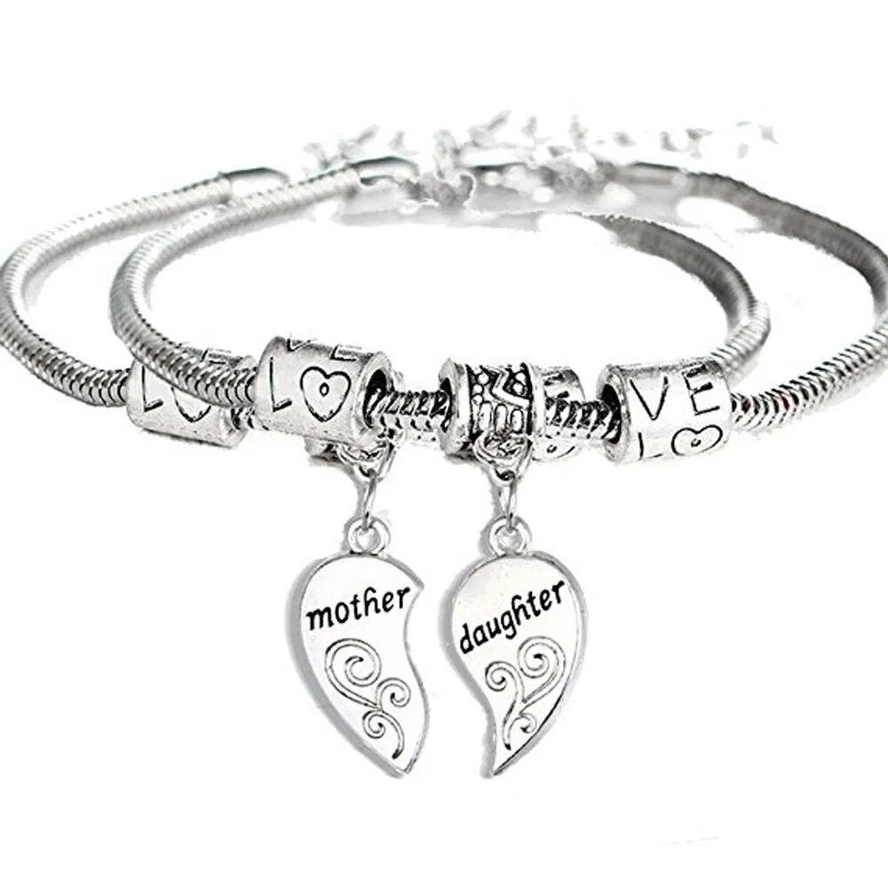 2pcs/set Matching Heart Charm Daughter Bangle Bracelets Jewelry for Mom or Daughter Family Mother & kids Gifts