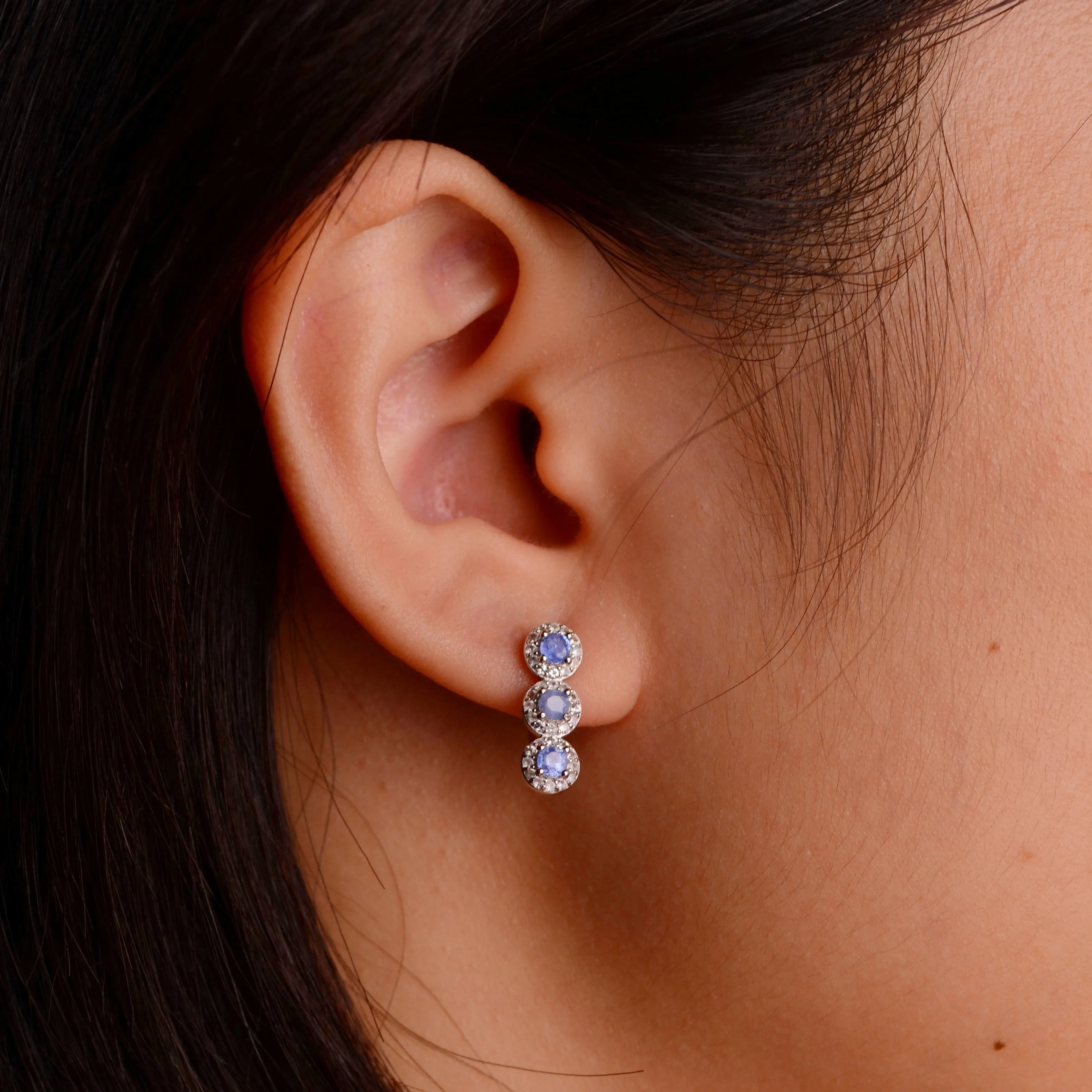 3 mm. Round Cut Blue Thai Sapphire with Cz Halo Cluster Earrings