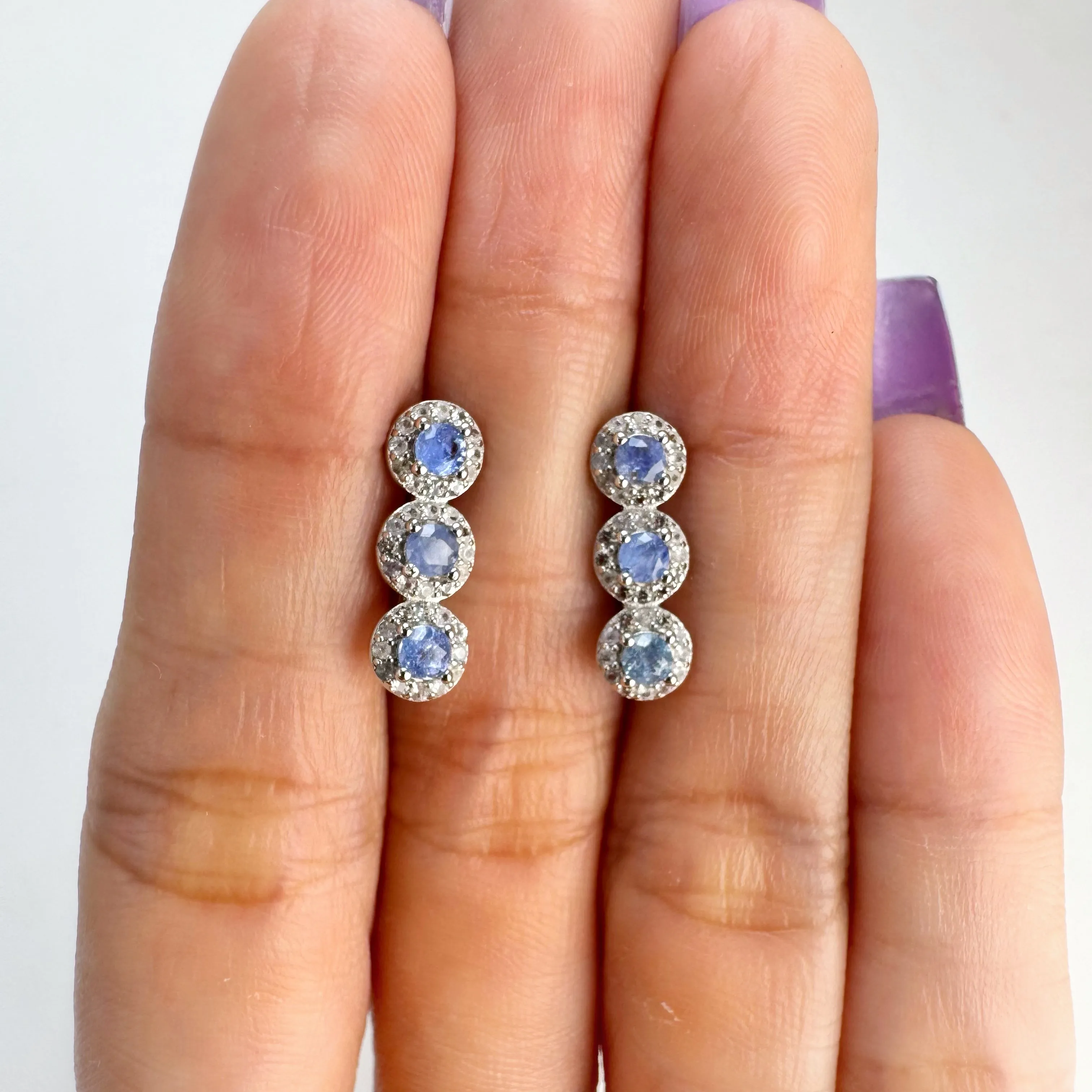 3 mm. Round Cut Blue Thai Sapphire with Cz Halo Cluster Earrings