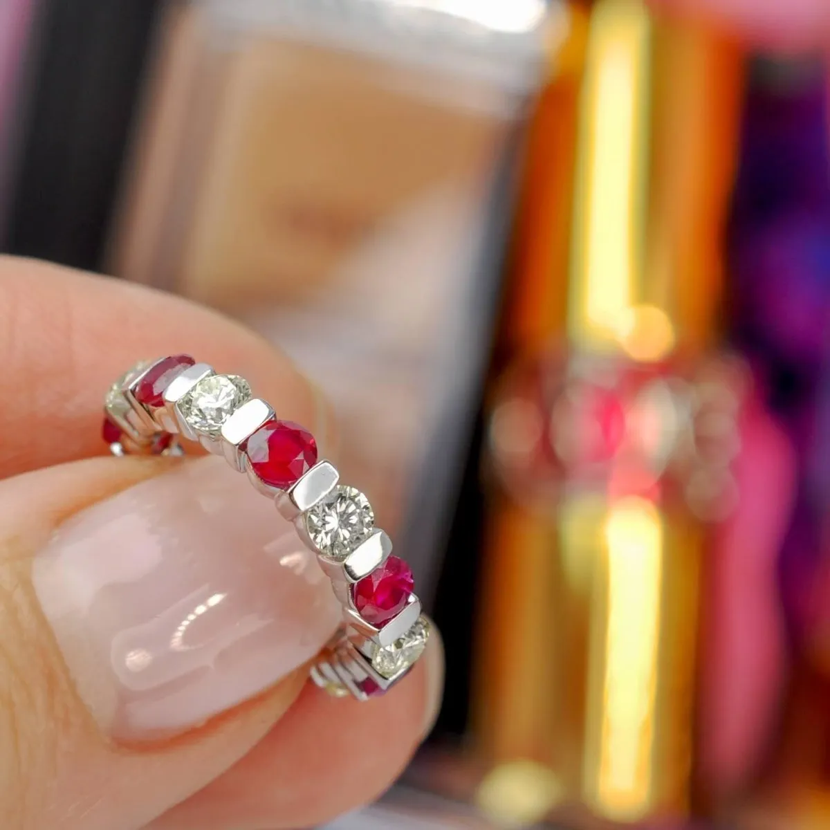 3.20 CT Round Cut Rubies & Diamonds - Eternity Ring