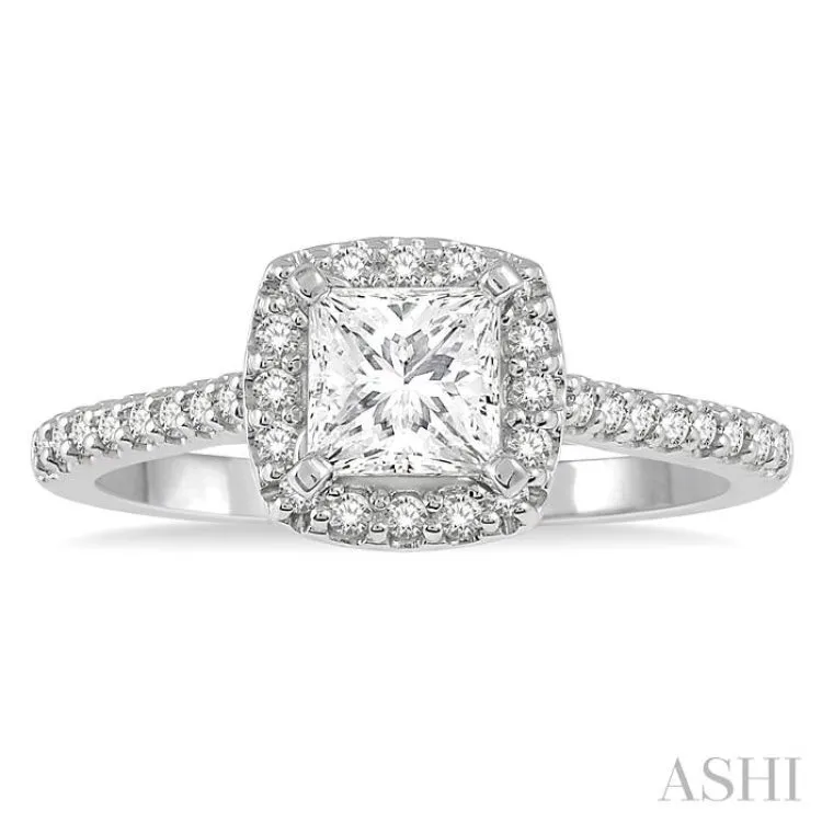 3/4 ctw Diamond Ladies Engagement Ring with 1/2 Ct Princess Cut Center Stone in 14K White Gold