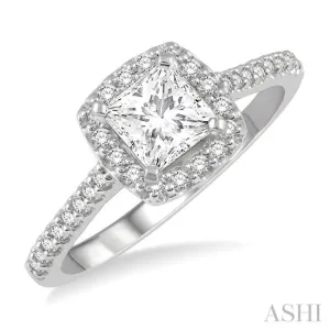 3/4 ctw Diamond Ladies Engagement Ring with 1/2 Ct Princess Cut Center Stone in 14K White Gold