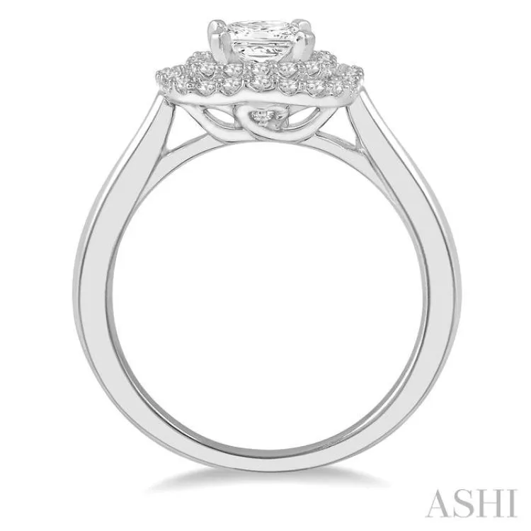 3/4 ctw Princess & Halo Round Cut Diamond Ladies Engagement Ring With 1/2 ct Princess Cut Center Stone in 14K White Gold