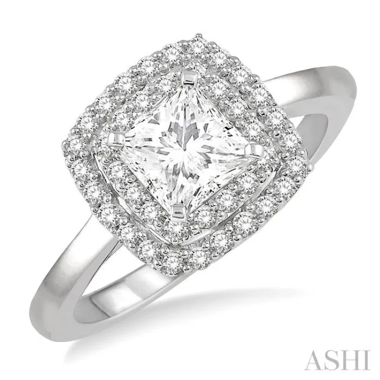 3/4 ctw Princess & Halo Round Cut Diamond Ladies Engagement Ring With 1/2 ct Princess Cut Center Stone in 14K White Gold