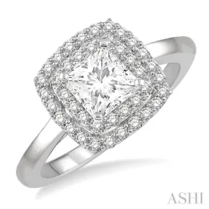 3/4 ctw Princess & Halo Round Cut Diamond Ladies Engagement Ring With 1/2 ct Princess Cut Center Stone in 14K White Gold