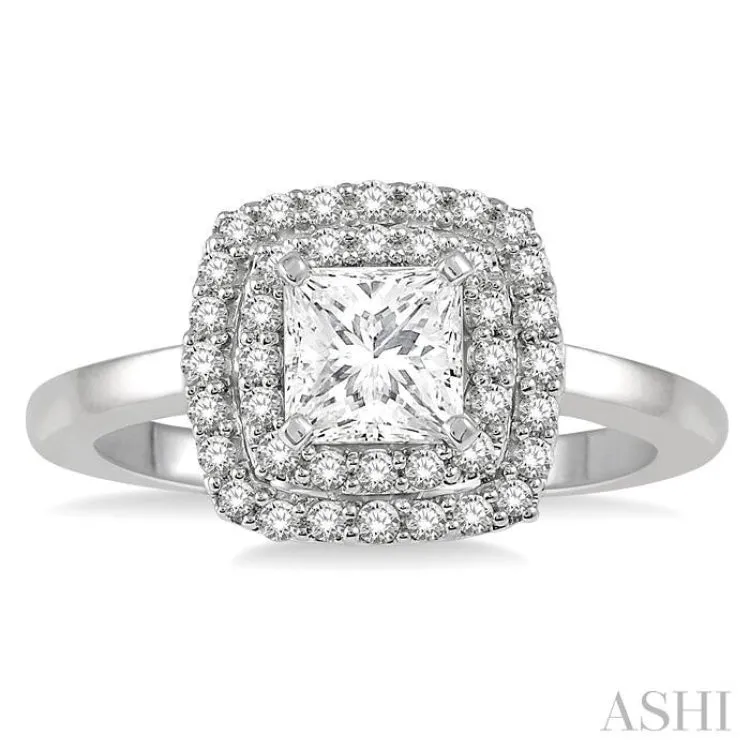 3/4 ctw Princess & Halo Round Cut Diamond Ladies Engagement Ring With 1/2 ct Princess Cut Center Stone in 14K White Gold