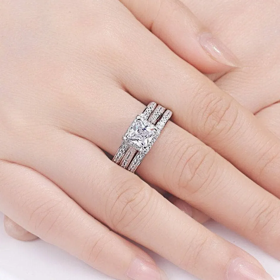 3pcs 2.8ct Princess Cut White Created Diamond Engagement Ring Set