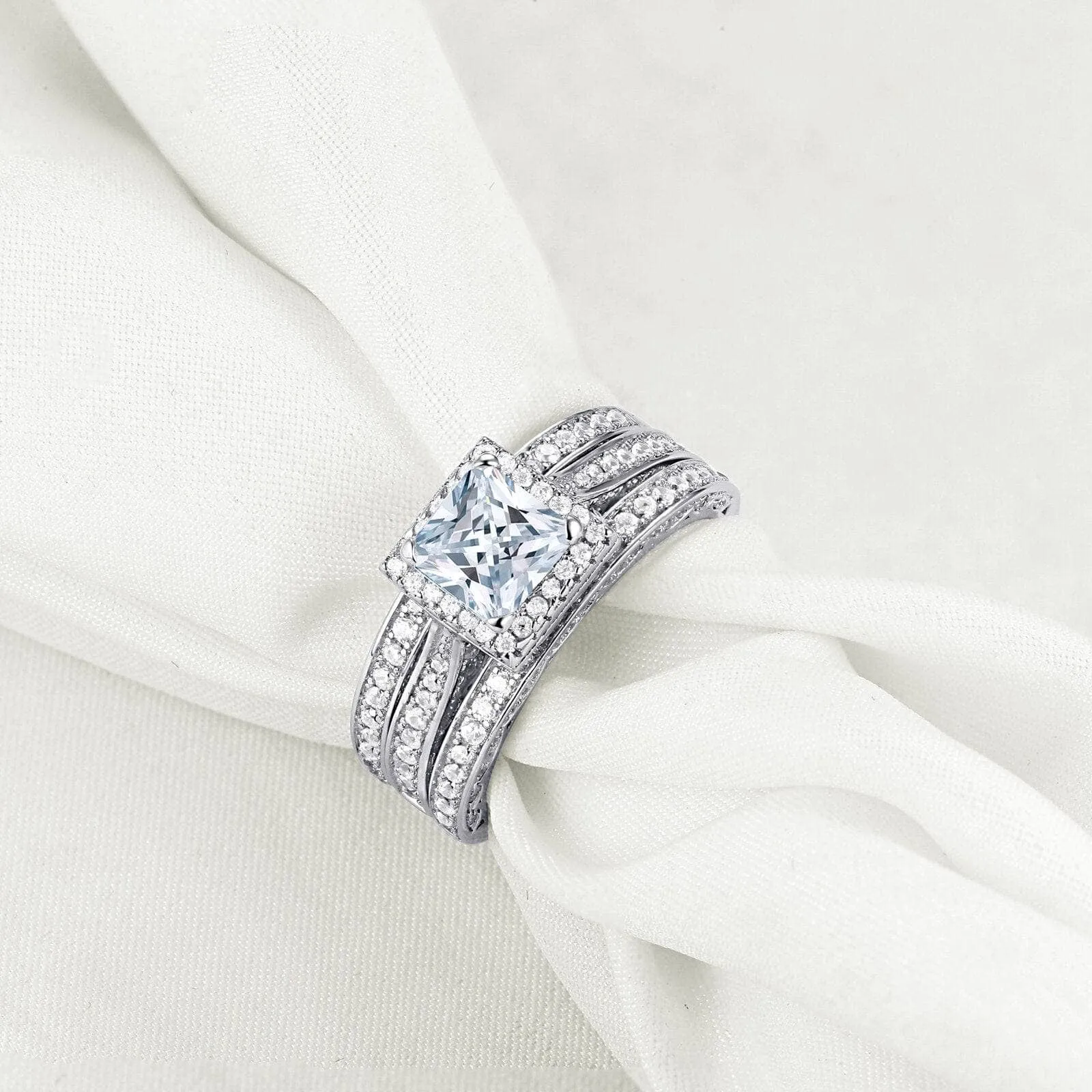 3pcs 2.8ct Princess Cut White Created Diamond Engagement Ring Set