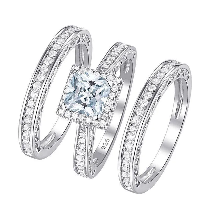 3pcs 2.8ct Princess Cut White Created Diamond Engagement Ring Set