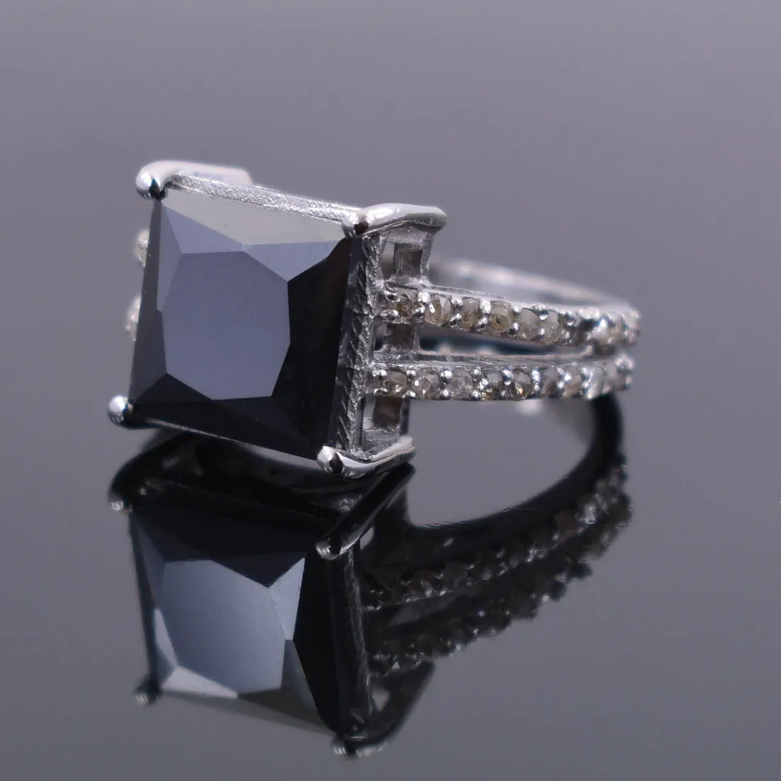4.70 Ct Princess Cut Black Diamond Cocktail Ring with Diamond Accents, Gorgeous Look & Great Sparkle