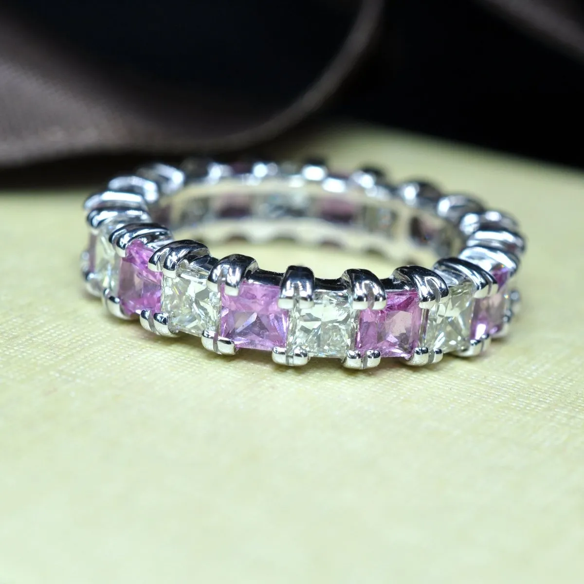 4.70 CT Princess Cut Pink Sapphires & Diamonds - Eternity Ring