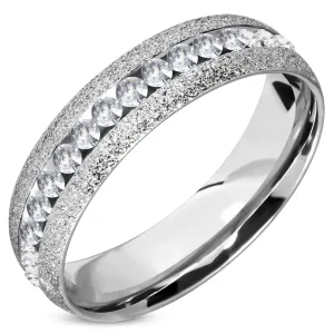6 MM Stainless Steel Stardust Sandblasted Eternity CZ Comfort Fit Wedding Band Ring