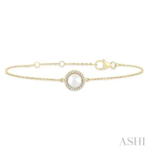 6.00 MM Round Shape Cultured Pearl and 1/20 ctw Round Cut Diamond Petite Halo Bracelet in 10K Yellow Gold