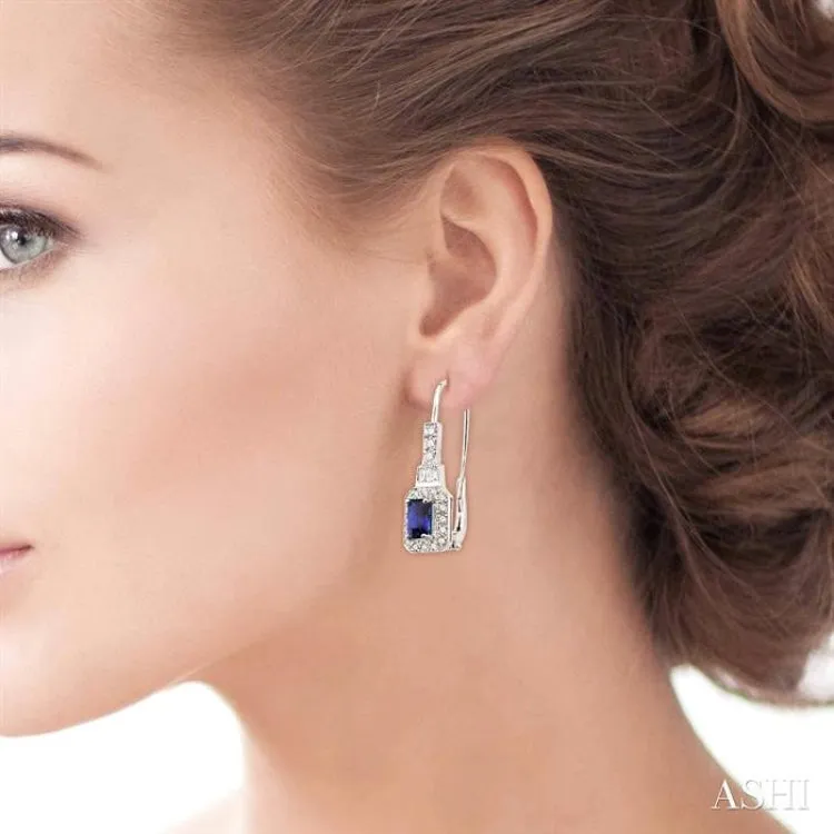 6x4 MM Octagon Cut Sapphire and 1/2 Ctw Baguette and Round Cut Diamond Earrings in 14K White Gold