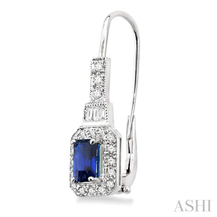 6x4 MM Octagon Cut Sapphire and 1/2 Ctw Baguette and Round Cut Diamond Earrings in 14K White Gold