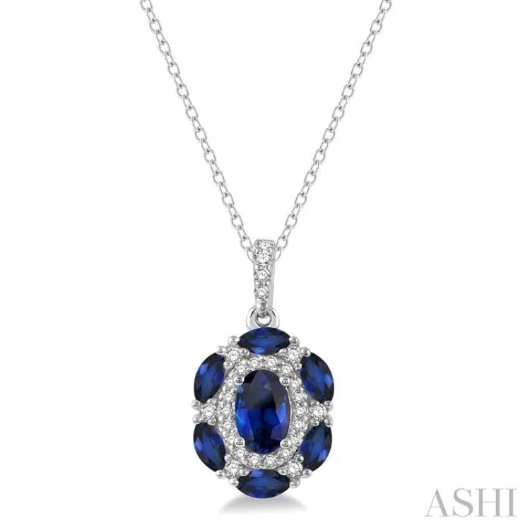 6x4 MM Oval Cut & 4x2 MM Marquise Cut Sapphire and 1/6 ctw Round Cut Diamond Precious Pendant With Chain in 14K White Gold