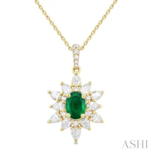 7x5 MM Oval Cut Emerald and 1 ctw Pear & Round Cut Diamond Precious Pendant With Chain in 14K Yellow Gold