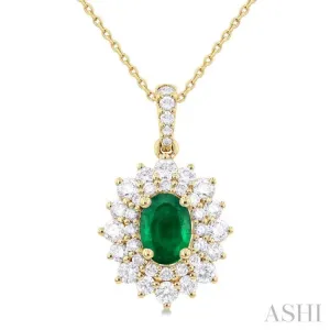 7x5 MM Oval Cut Emerald and 3/4 ctw Round Cut Diamond Precious Pendant With Chain in 14K Yellow Gold