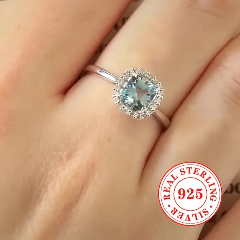 925 Silver CZ March Birthstone Engagement Ring