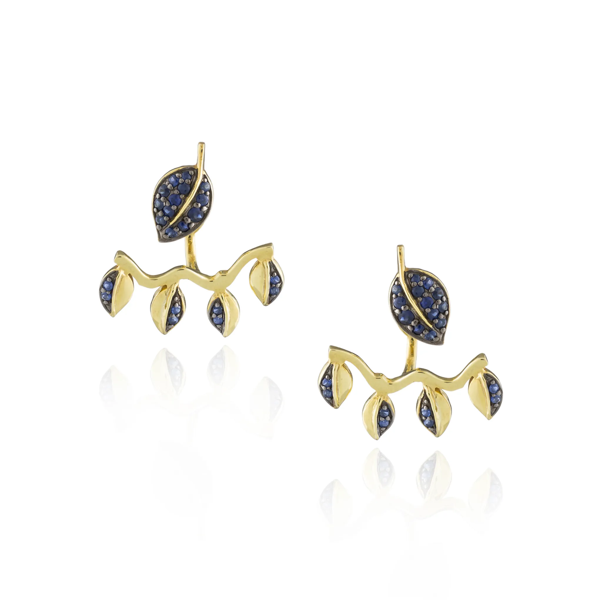 925 Silver Double Leaf Earrings with Blue Sapphire Pavé