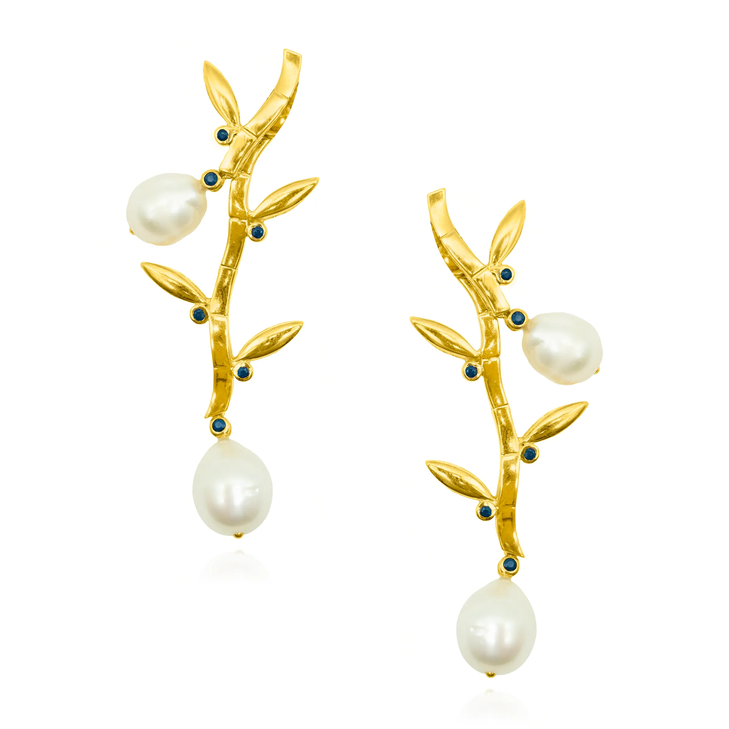 925 Silver Earrings with Freshwater  Pearls & Blue Sapphire