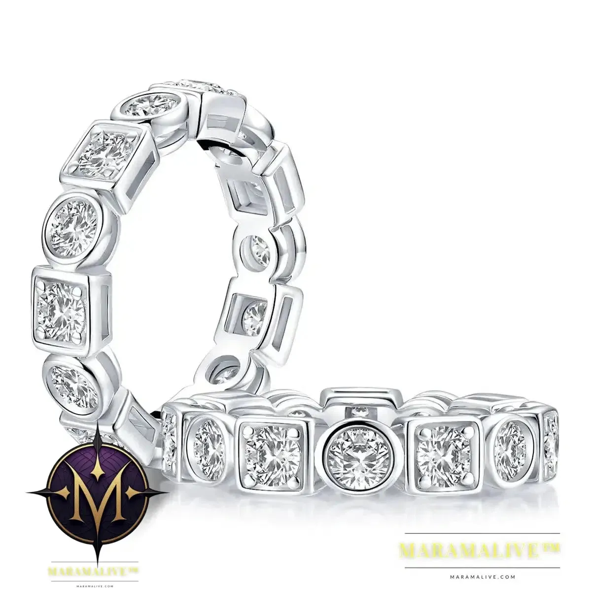 925 Sterling Silver 3.5mm Round Cut Full Eternity Ring for Women Simulated Diamond Square Engagement Wedding Band Ring