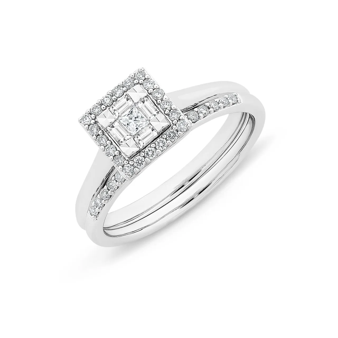 9ct WG Illusion set Princess and emerald cut diamonds in the centre with a square bead set halo engagement ring set. TDW= 0.34ct M2918