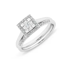 9ct WG Illusion set Princess and emerald cut diamonds in the centre with a square bead set halo engagement ring set. TDW= 0.34ct M2918
