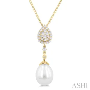 9X7 MM Pear Shape Mount Cultured Pearl Drop and 1/5 ctw Round Cut Diamond Fashion Pendant With Chain in 14K Yellow Gold