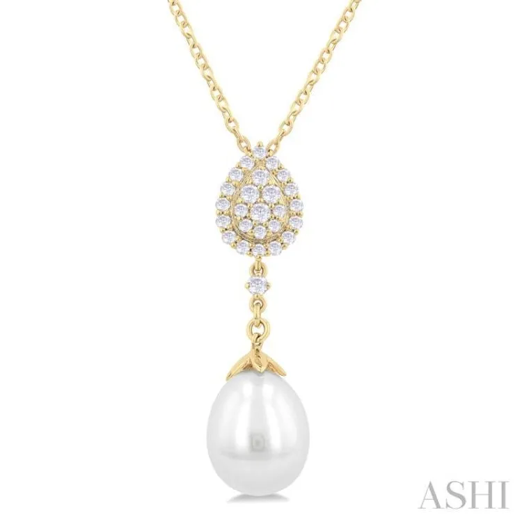 9X7 MM Pear Shape Mount Cultured Pearl Drop and 1/5 ctw Round Cut Diamond Fashion Pendant With Chain in 14K Yellow Gold