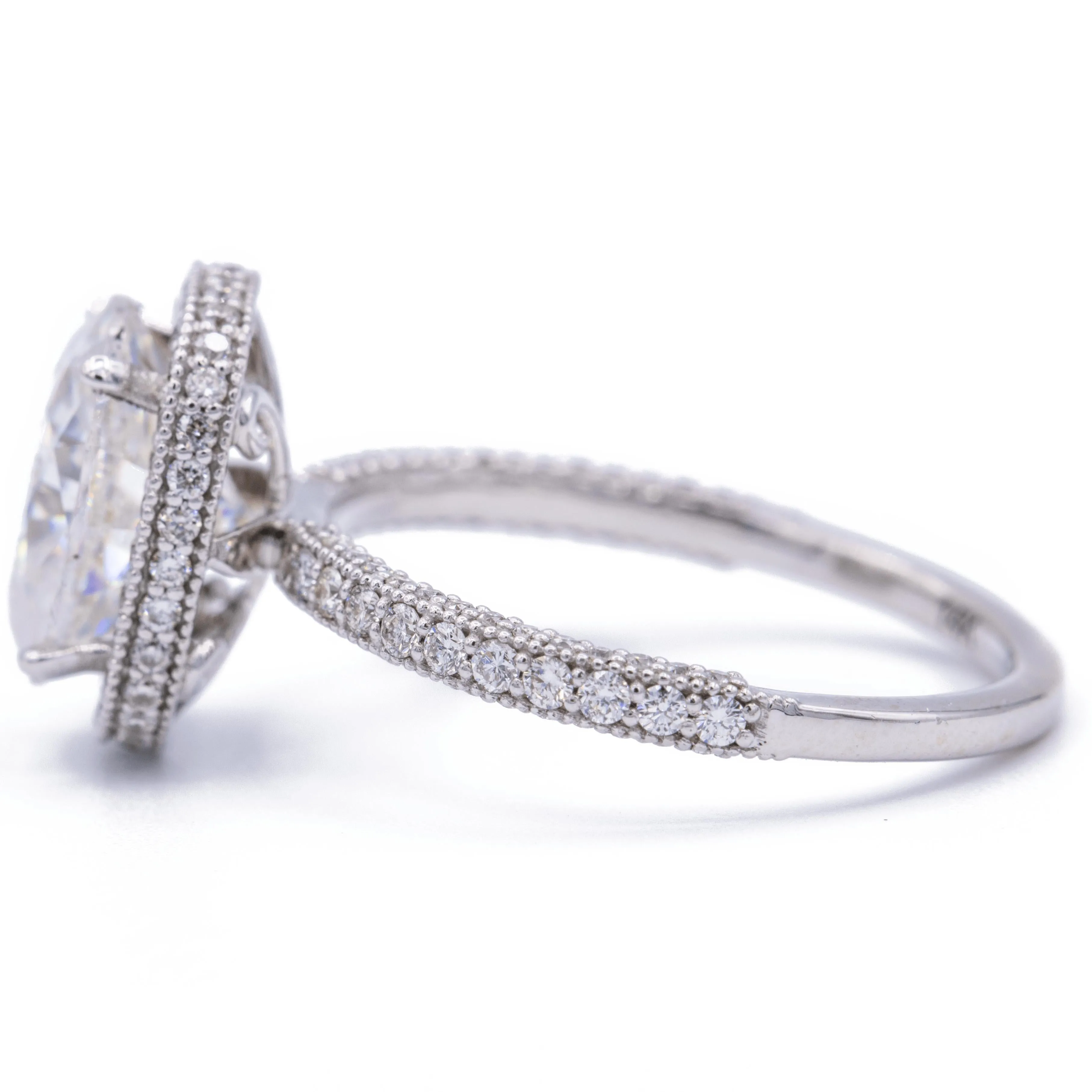 9x7mm Oval Center Half Eternity Milgrain Fleur de Lis Inspired Design 14K White Gold Ring