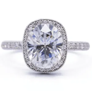 9x7mm Oval Center Half Eternity Milgrain Fleur de Lis Inspired Design 14K White Gold Ring