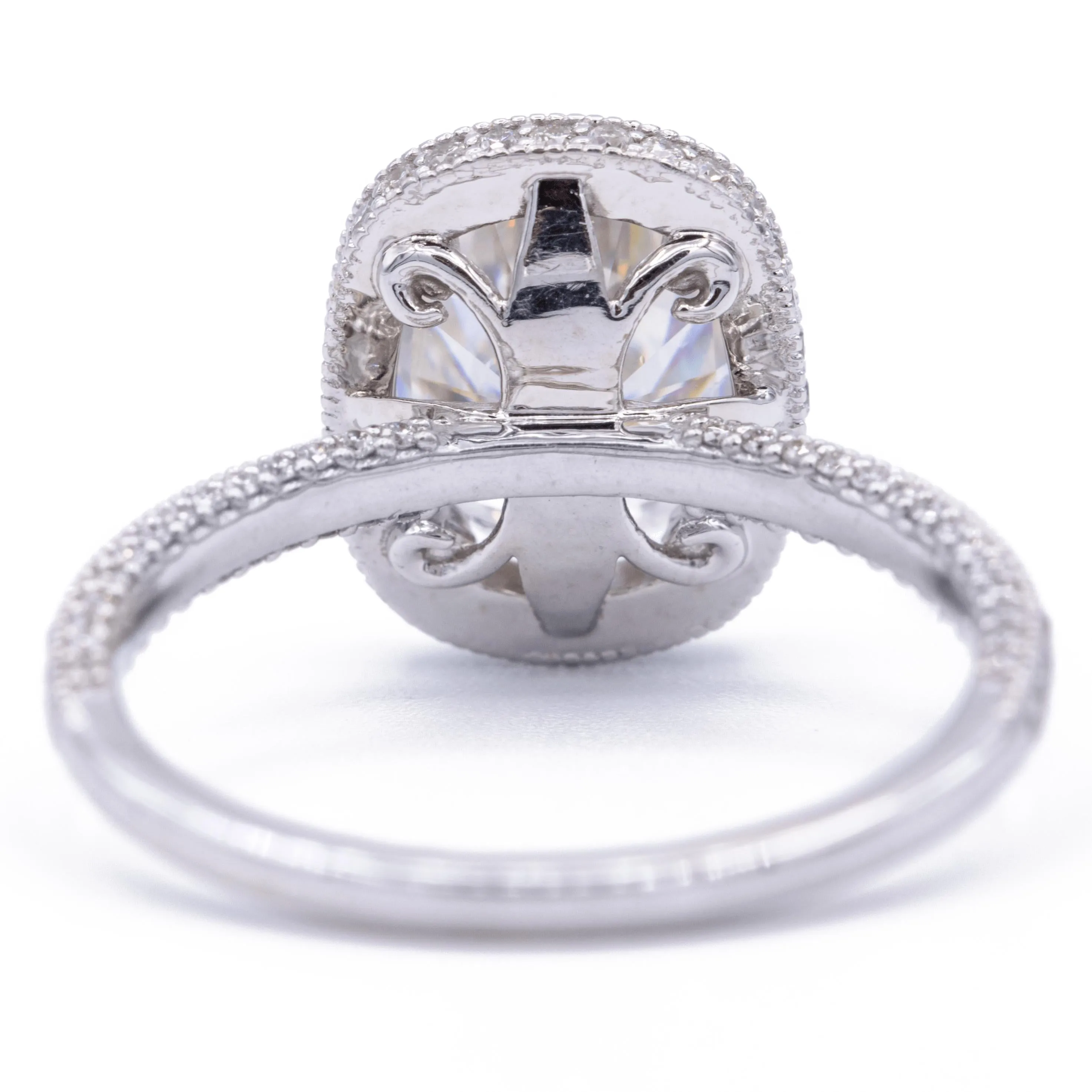9x7mm Oval Center Half Eternity Milgrain Fleur de Lis Inspired Design 14K White Gold Ring