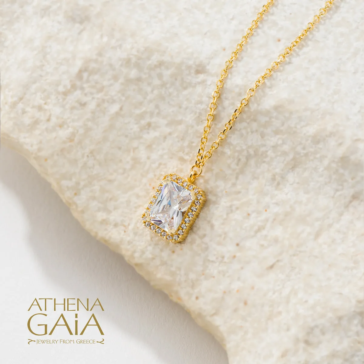 Al'Oro Rectangle Halo Pendant with Necklace