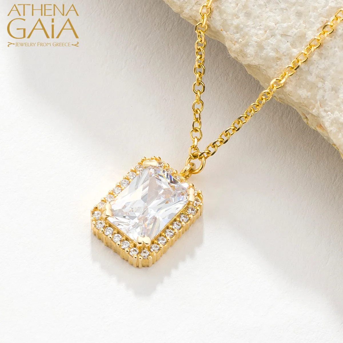 Al'Oro Rectangle Halo Pendant with Necklace