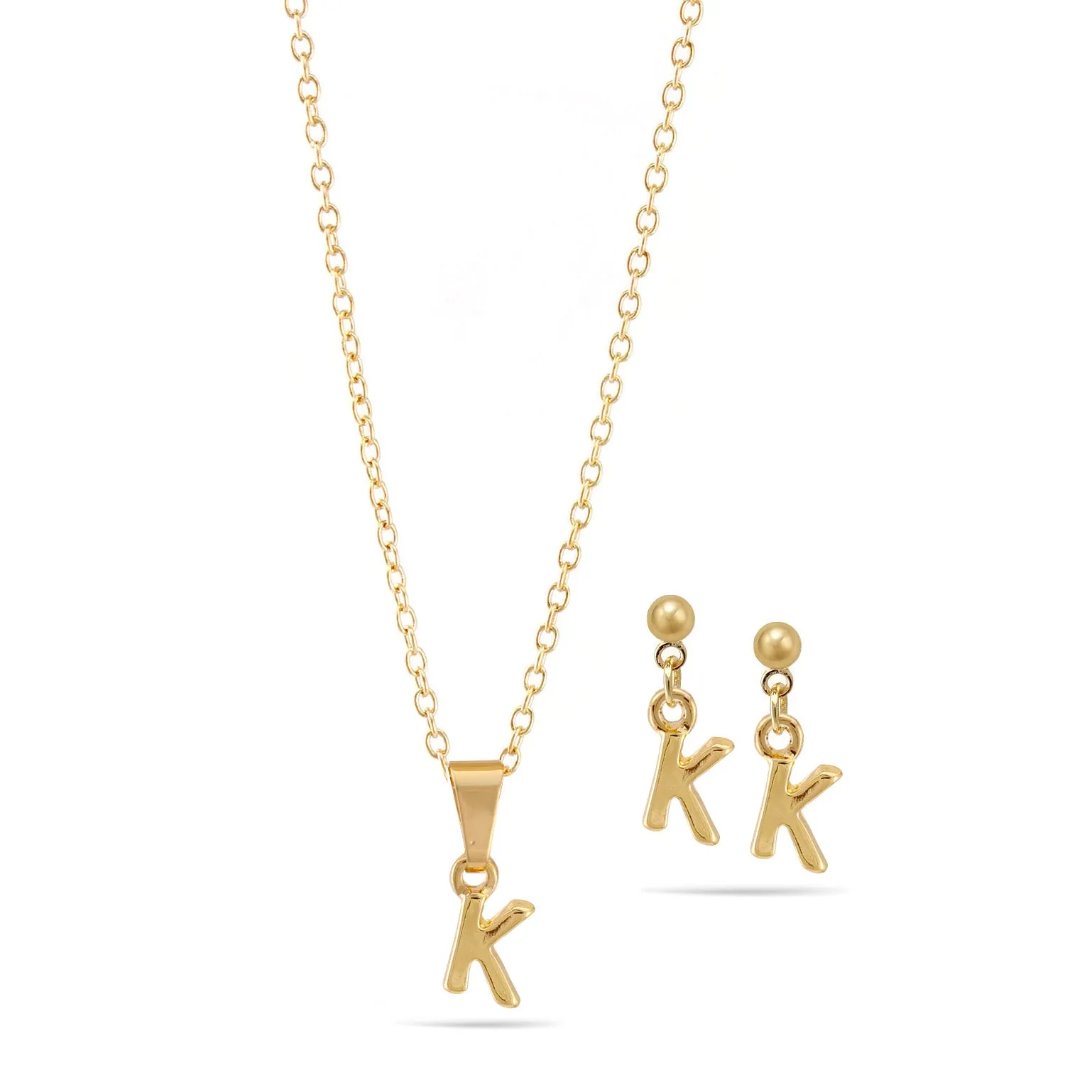 ALPHABET "K" GOLD SMALL PENDANT SHORT NECKLACE AND EARRINGS SET #SWKK-11768KGLD (TF16)