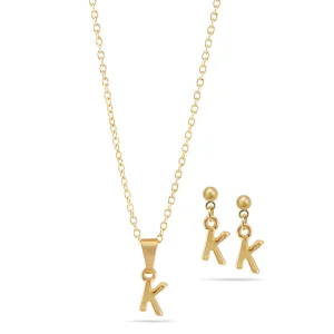 ALPHABET "K" GOLD SMALL PENDANT SHORT NECKLACE AND EARRINGS SET #SWKK-11768KGLD (TF16)