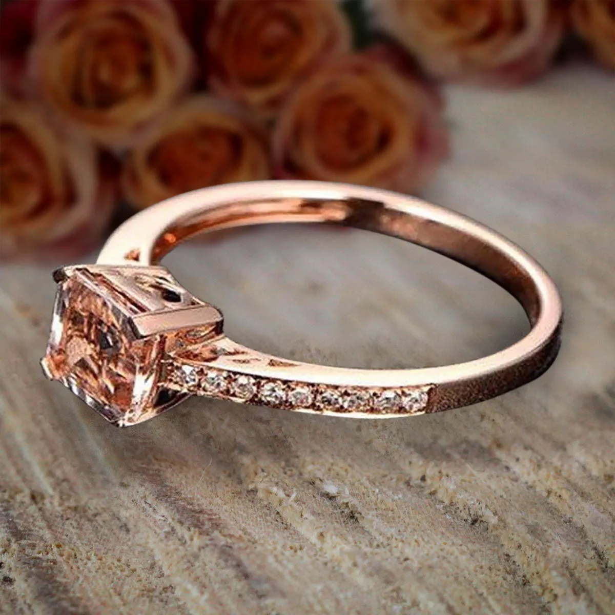 Antique Design 1.25 Carat Princess Cut Morganite And Diamond Moissanite Engagement Ring in 10k Rose Gold Sale