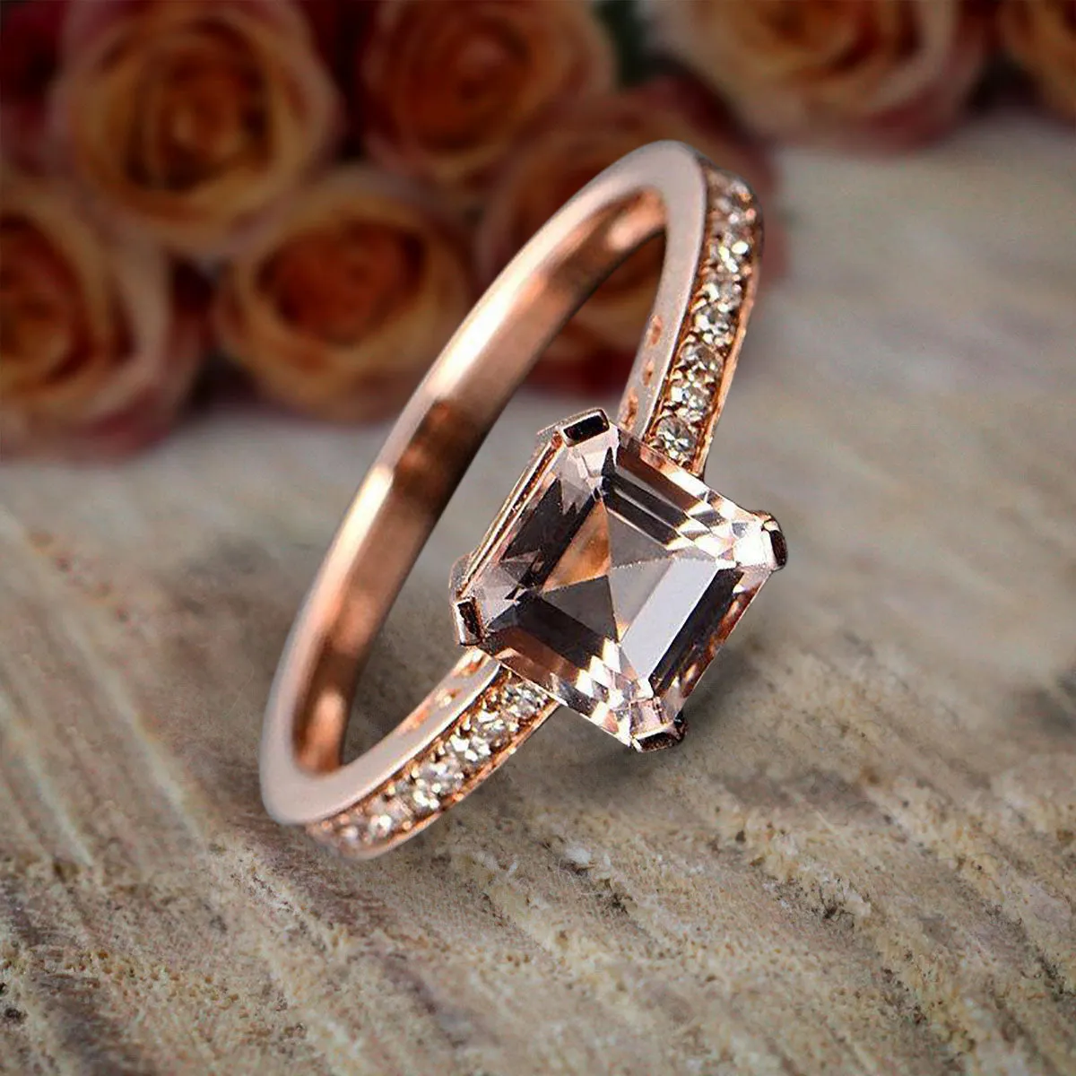 Antique Design 1.25 Carat Princess Cut Morganite And Diamond Moissanite Engagement Ring in 10k Rose Gold Sale