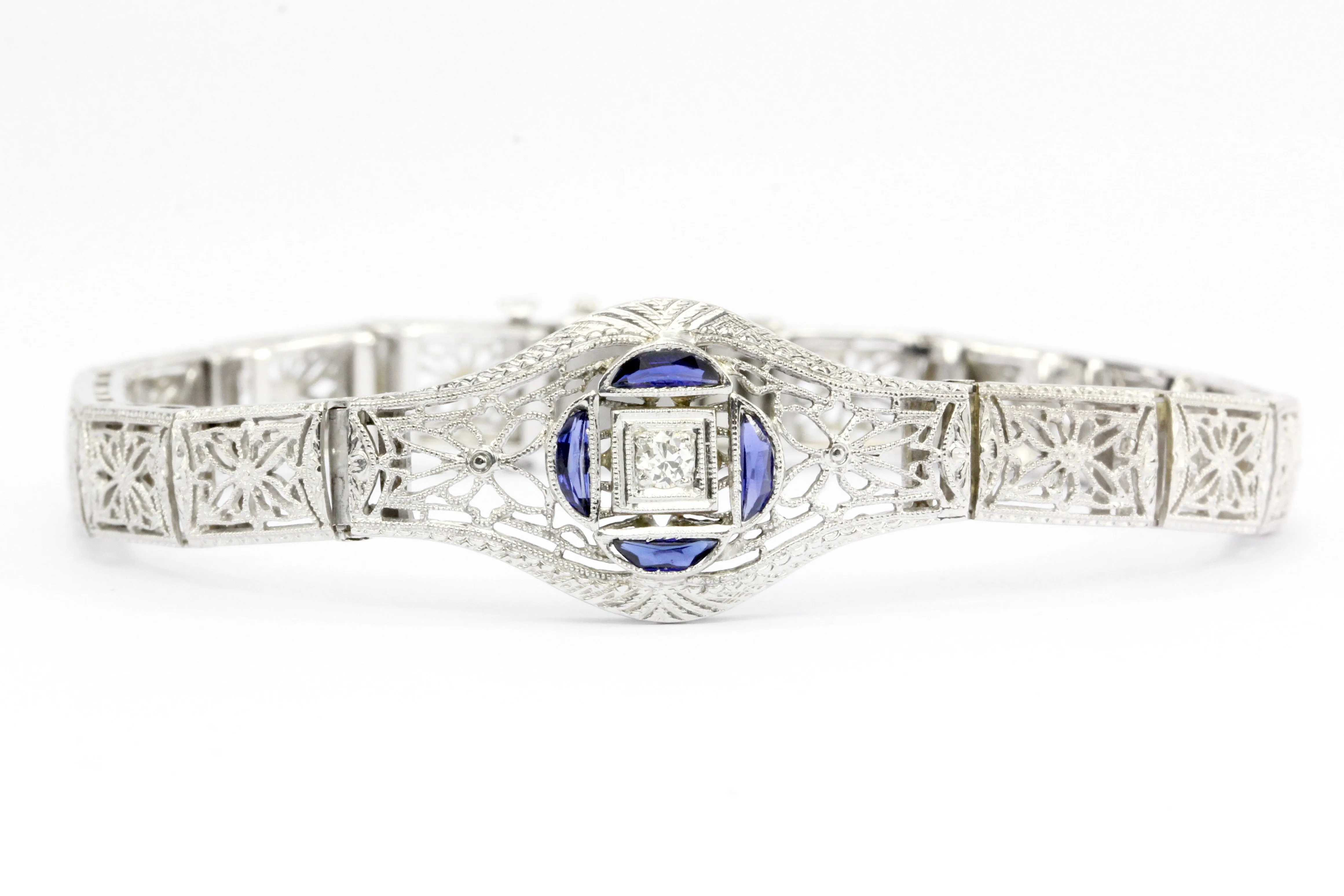Art Deco 14K White Gold & Platinum Diamond Sapphire Bracelet c.1930's