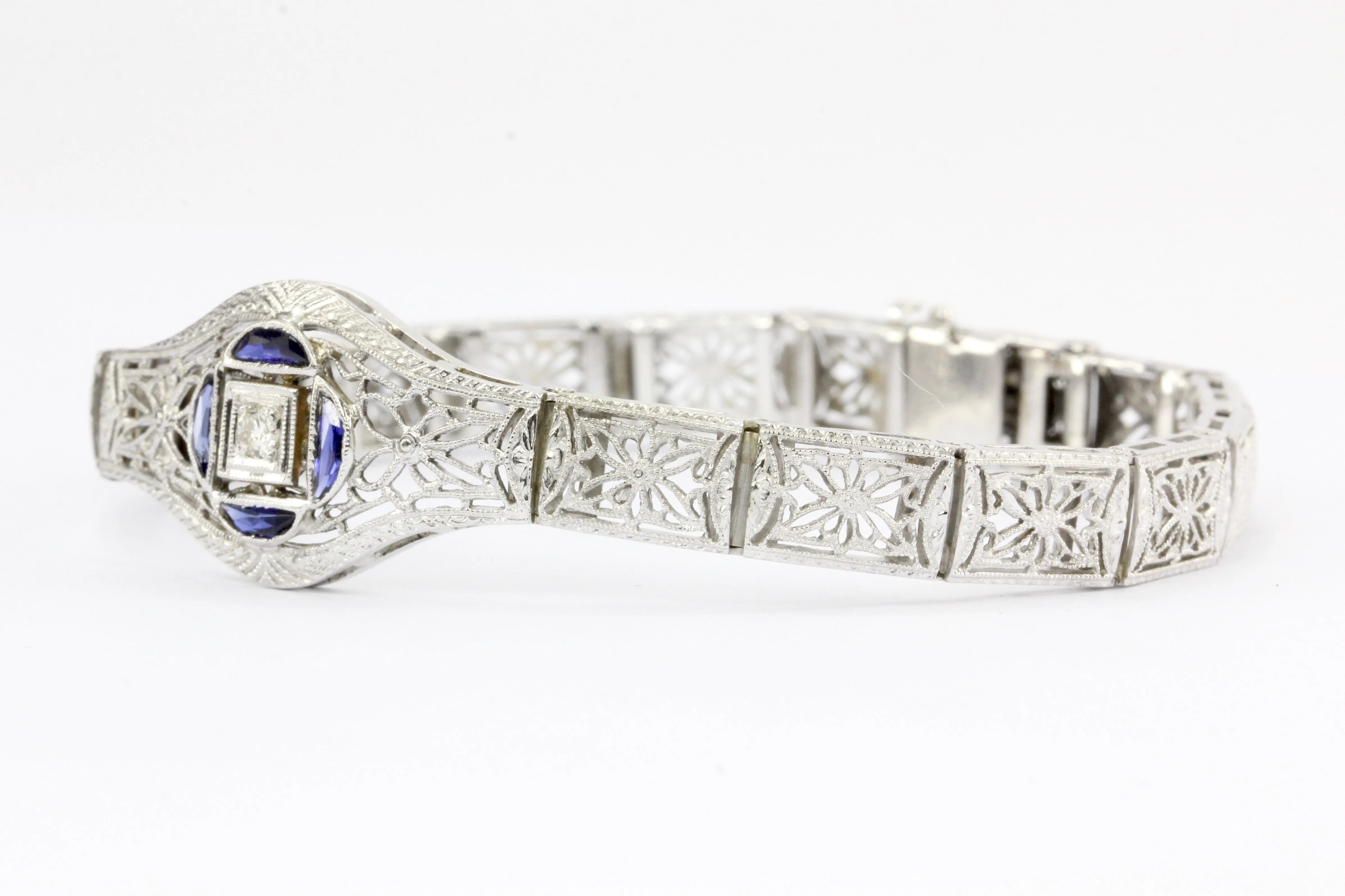 Art Deco 14K White Gold & Platinum Diamond Sapphire Bracelet c.1930's