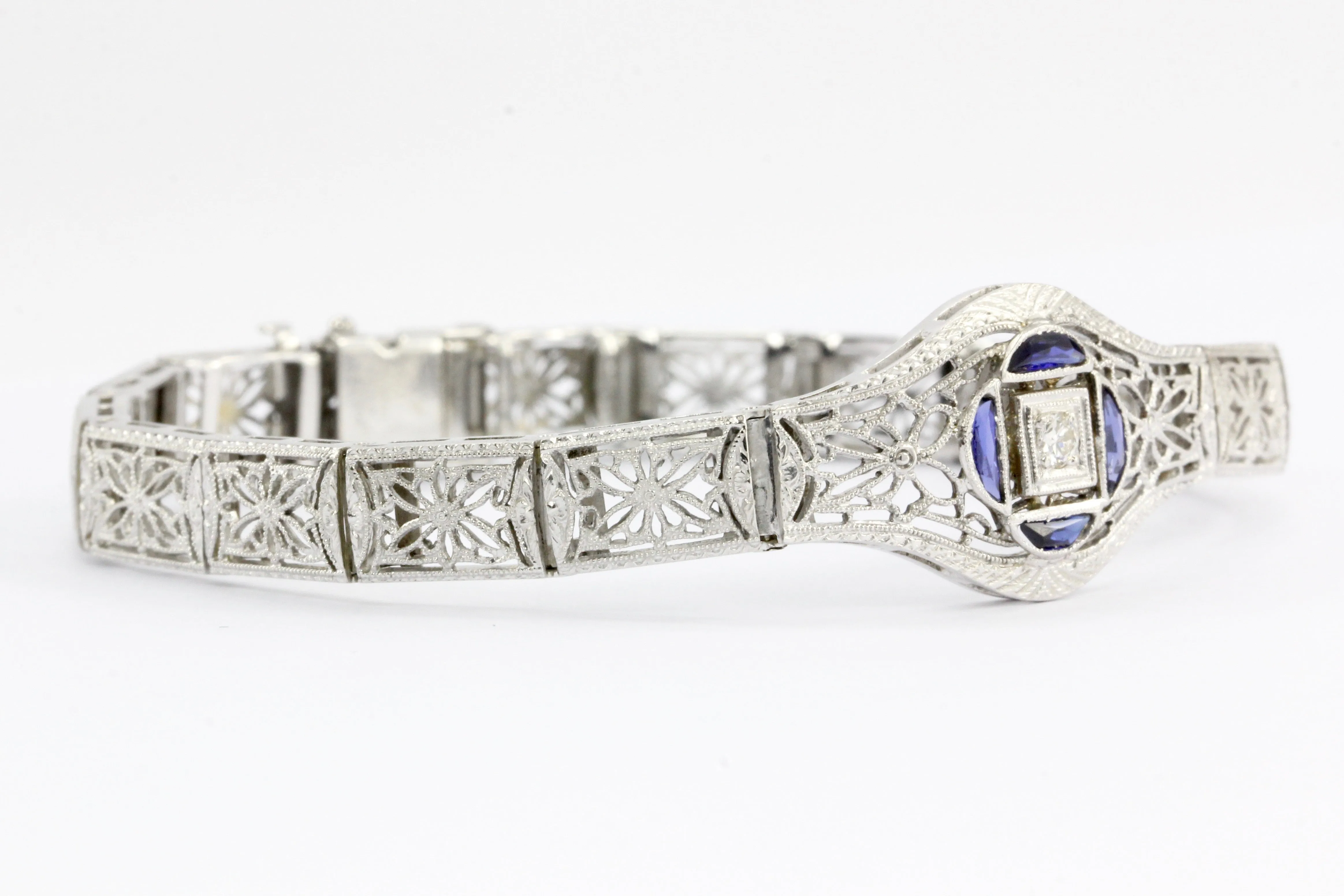Art Deco 14K White Gold & Platinum Diamond Sapphire Bracelet c.1930's