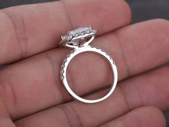 Art Deco 1.50 Carat Princess Cut Halo Moissanite Diamond Engagement Ring in 10k White Gold