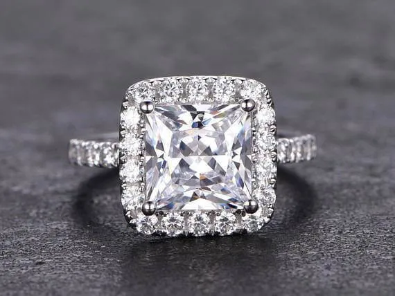 Art Deco 1.50 Carat Princess Cut Halo Moissanite Diamond Engagement Ring in 10k White Gold