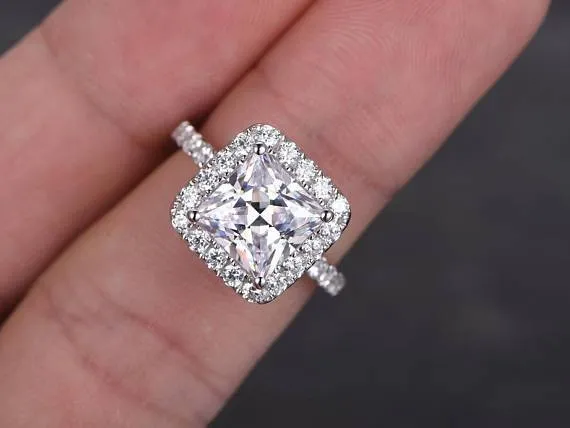 Art Deco 1.50 Carat Princess Cut Halo Moissanite Diamond Engagement Ring in 10k White Gold