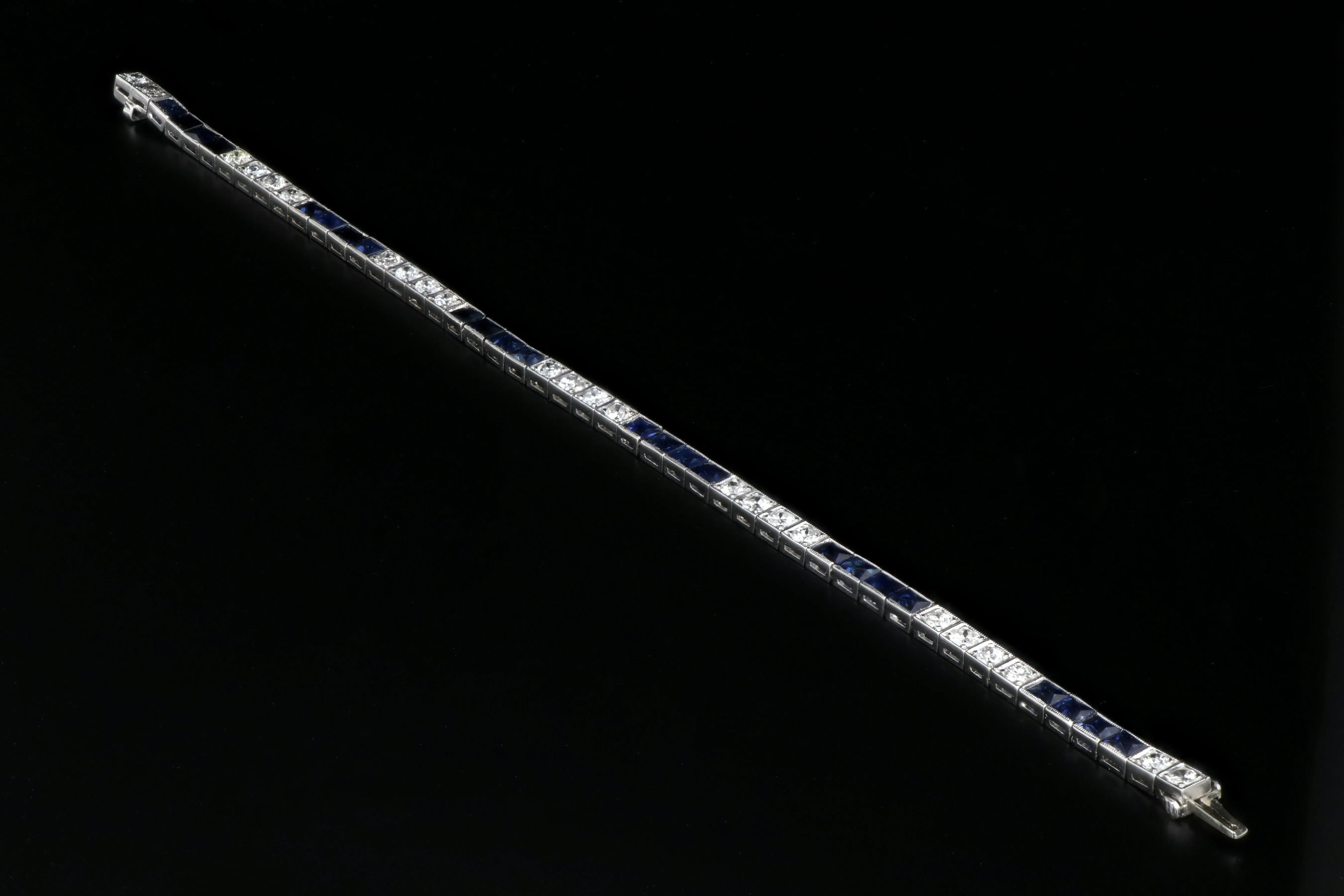 Art Deco Platinum 3.5 Carat French Cut Sapphire & Diamond Tennis Bracelet