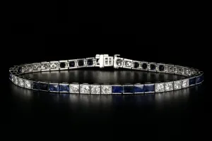 Art Deco Platinum 3.5 Carat French Cut Sapphire & Diamond Tennis Bracelet
