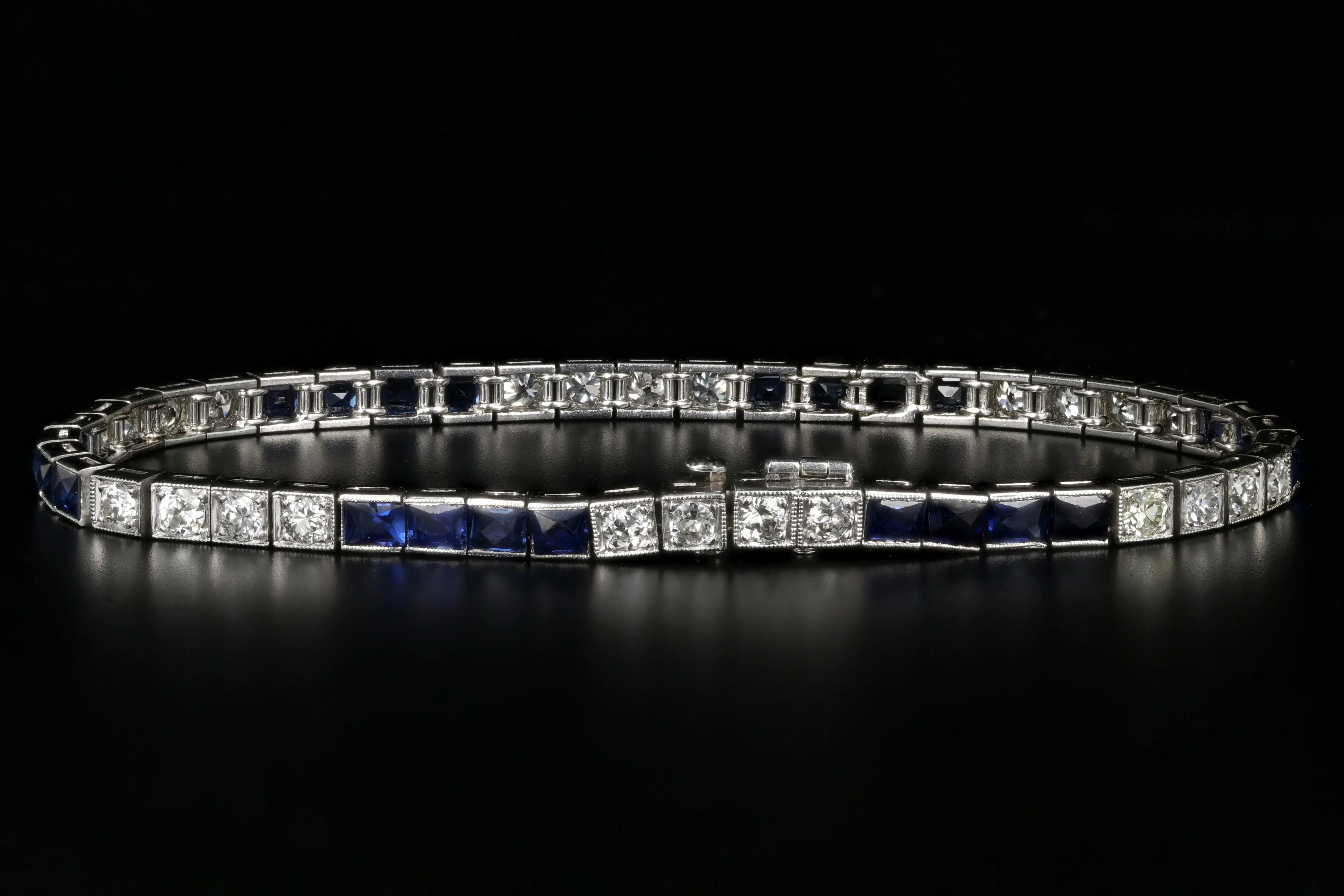 Art Deco Platinum 3.5 Carat French Cut Sapphire & Diamond Tennis Bracelet